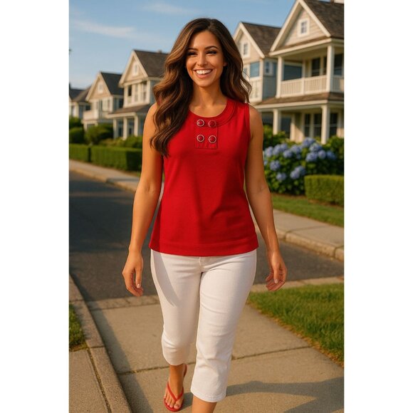 Ann Taylor Petite LP Red Sleeveless Knit Blouse Statement Button Front - Picture 1 of 9